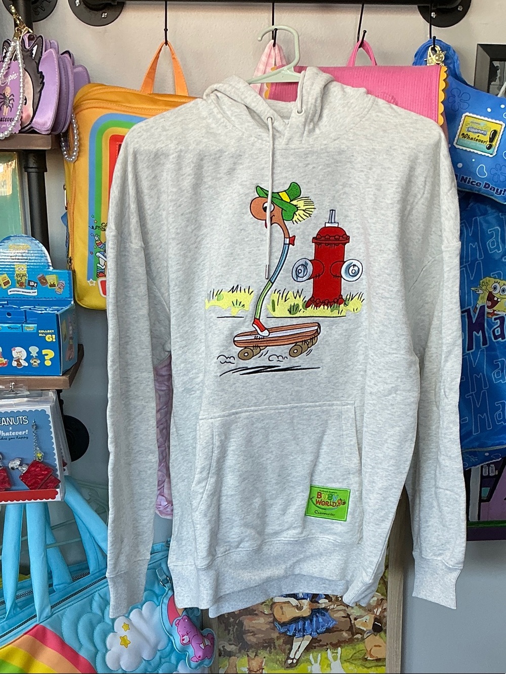 Richard Scarry’s Light Gray Lowly Worm Skateboard Hoodie with Fire Hydrant
